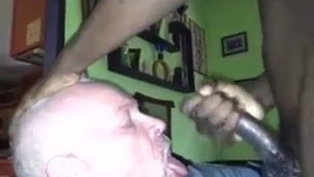 Grandpa sucking black cock & eats cum