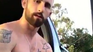 fit as fuck guy wanking his big cock in his van