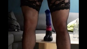 Sissy squat dildo ride with little sissygasm