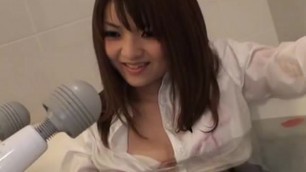 Clothed Japanese office lady gets toyed in the hot bathtub