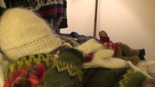 Sweater Fetish full immersion in Mohair. Dressing in a fuzzy sweater room,  wool with hood and mittens masturbation